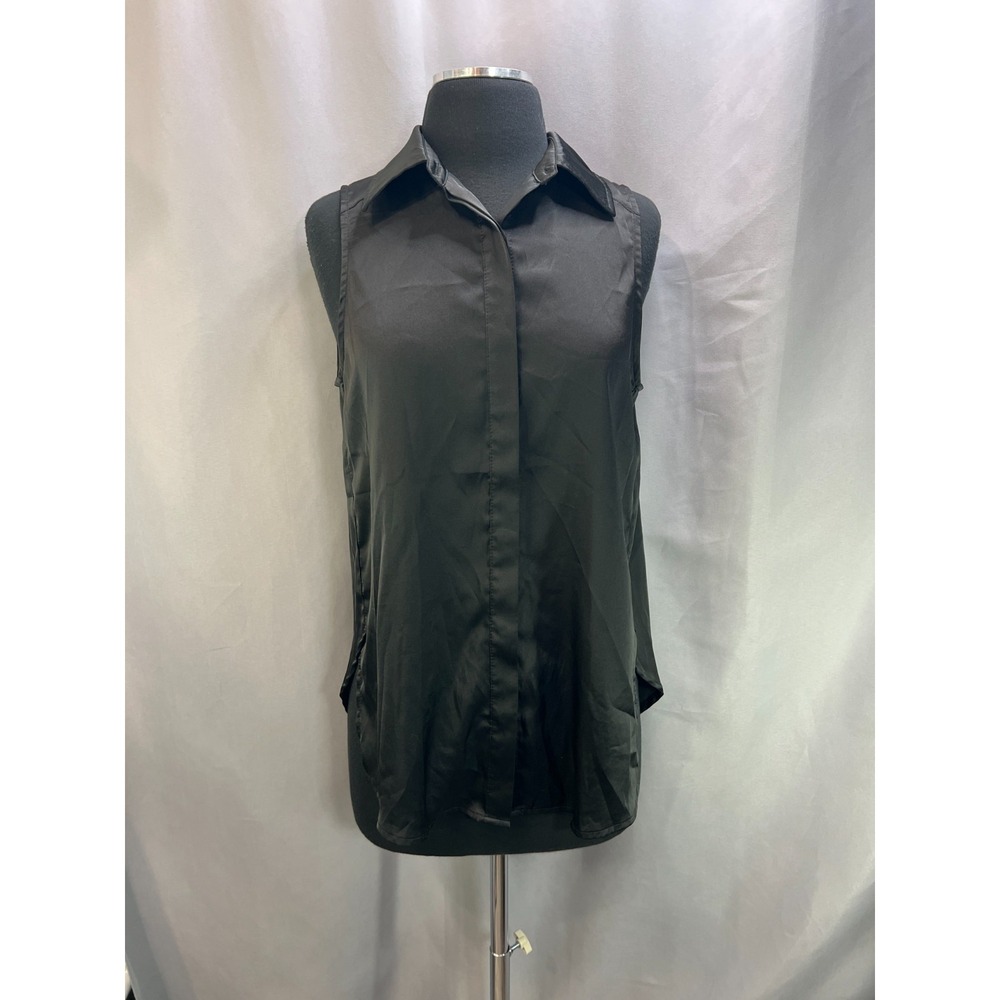 Acoa Sleeveless Blouse Top Womens S Black Satin Button Front Collared Side Slit